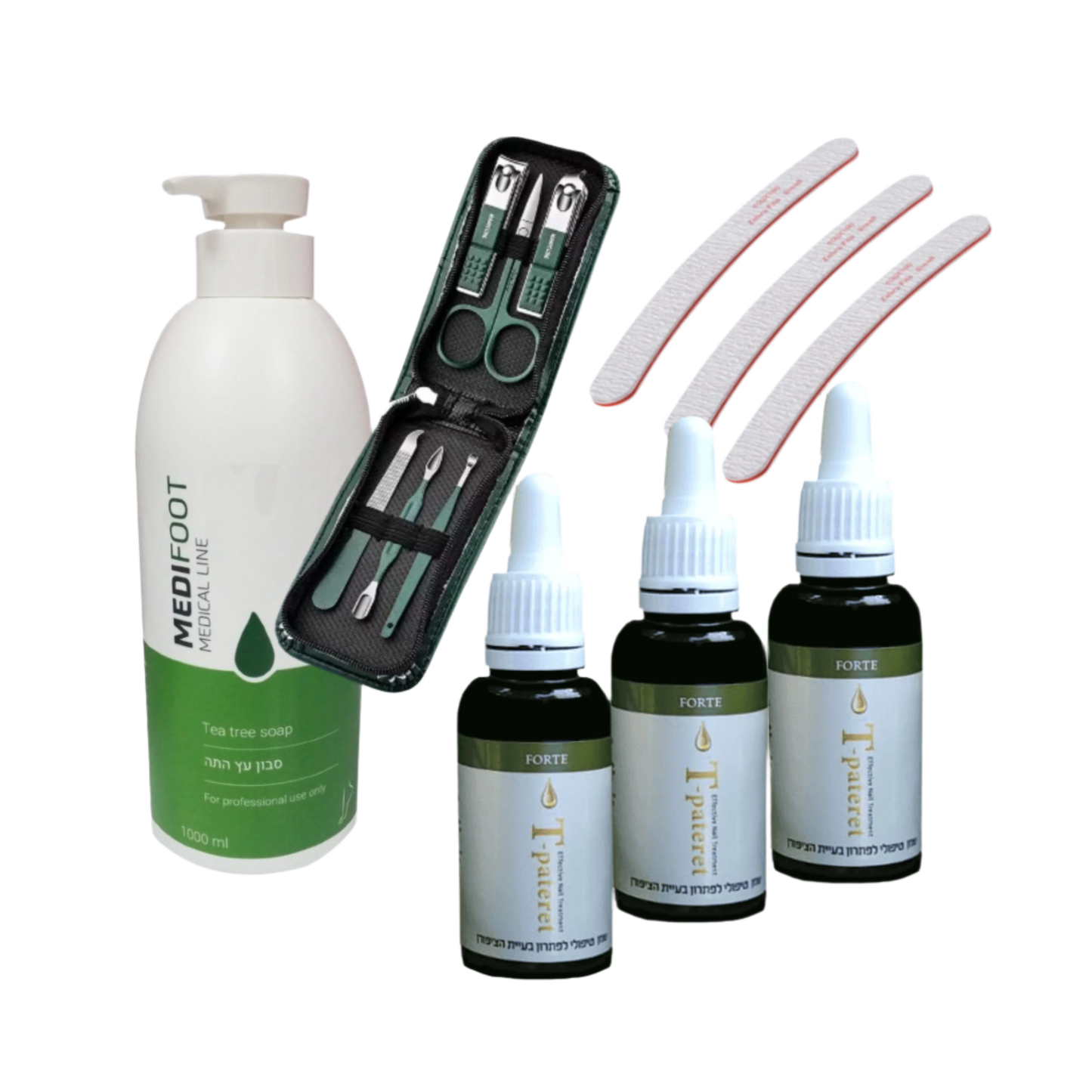 בתמונה זאת ישנם 3 בקבוקונים של טיפטרת, סבון עץ התה , 3 פצירות, וסם גוזזים