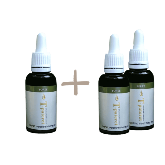 שלושהבקבוקונים של הטיפטרת עם מכסה לבן ומדבקה של המוצר המציינת את שמו מרכיבים כמות של 30 מ"ל.בינהם יש את הסימן פלוס